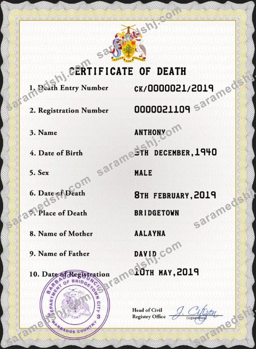 Barbados death certificate PSD template